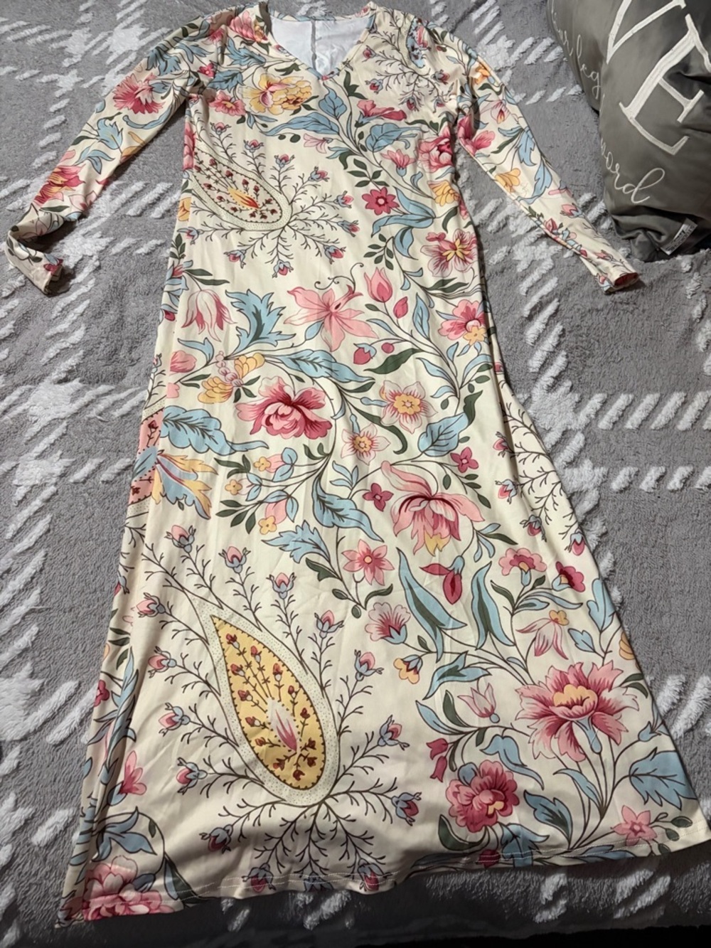 Long Sleeve Floral Maxi Dress in Cream and Pastel Colors